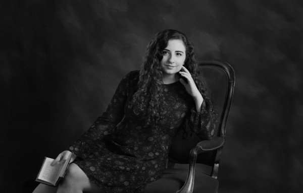 A black and white studio portrait created by Isabelle Guillen in A black and white studio portrait created by Isabelle Guillen in