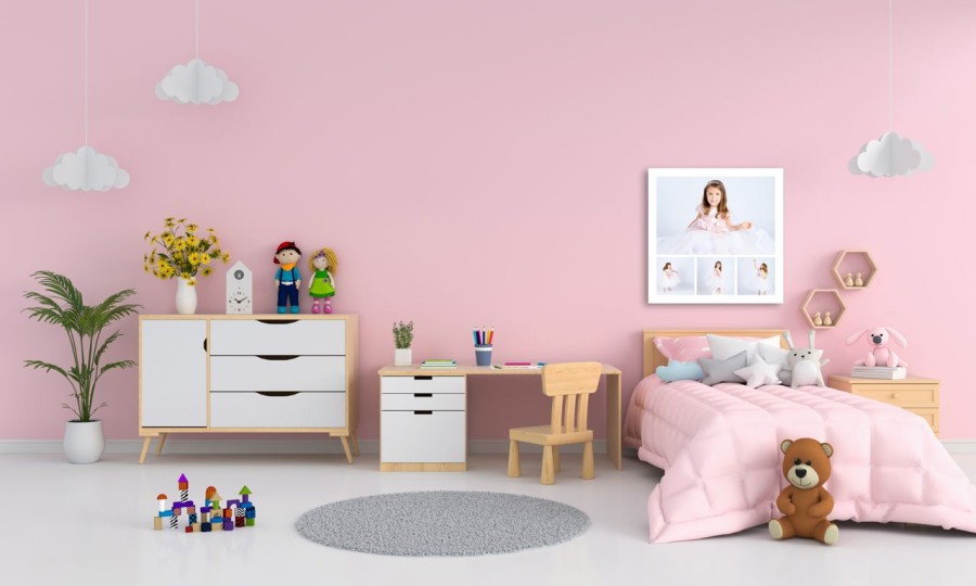 Pink children room interior for mockup, 3D rendering Pink children room interior for mockup, 3D rendering